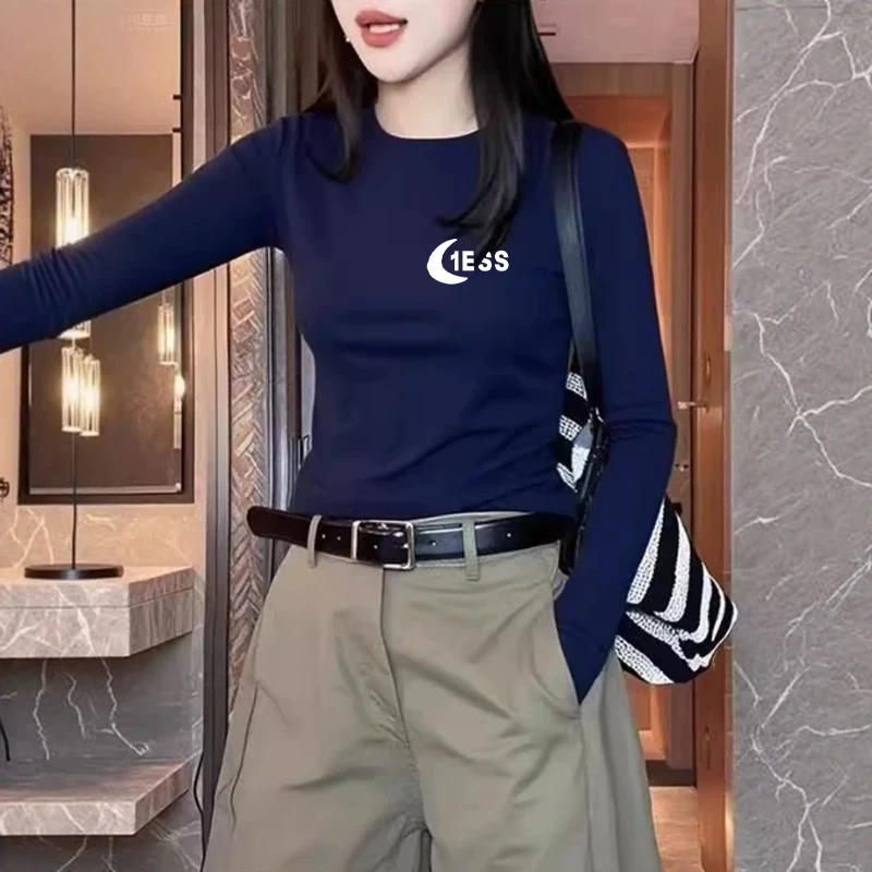 早春秋新款藏蓝减龄圆领T恤女款基础款显瘦正肩长袖打底内搭上衣