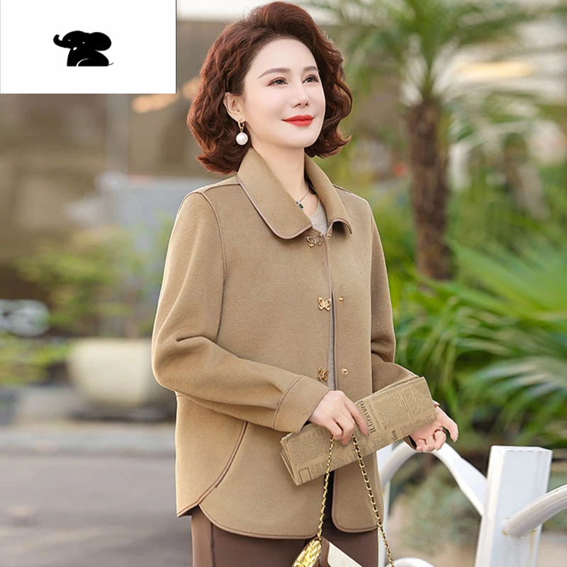 妈妈春装双面呢子外套中老年人春秋洋气遮肚子短款上衣女新款新款