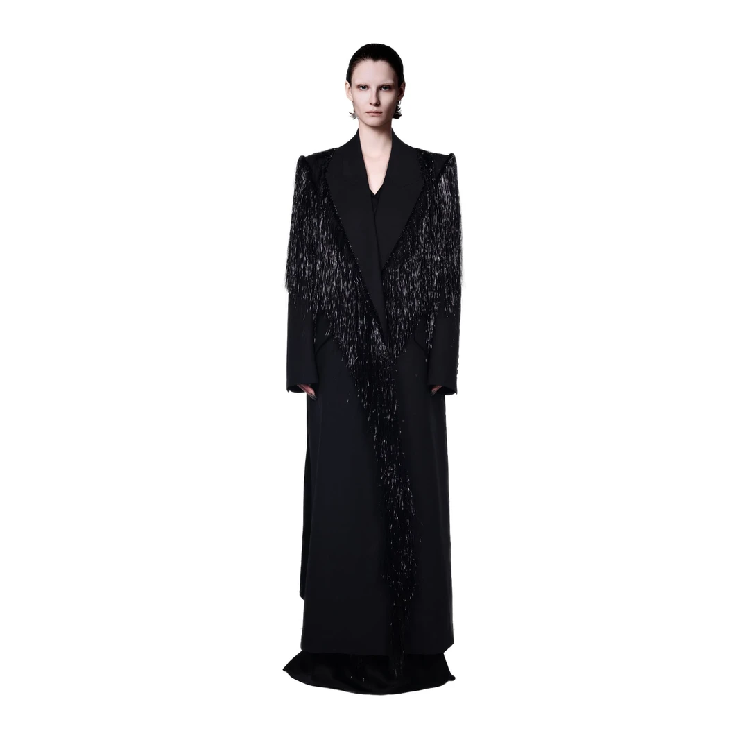 LOUISE ZHAO/轻奢气质优雅流苏拼接西装领长款大衣外套 632002220