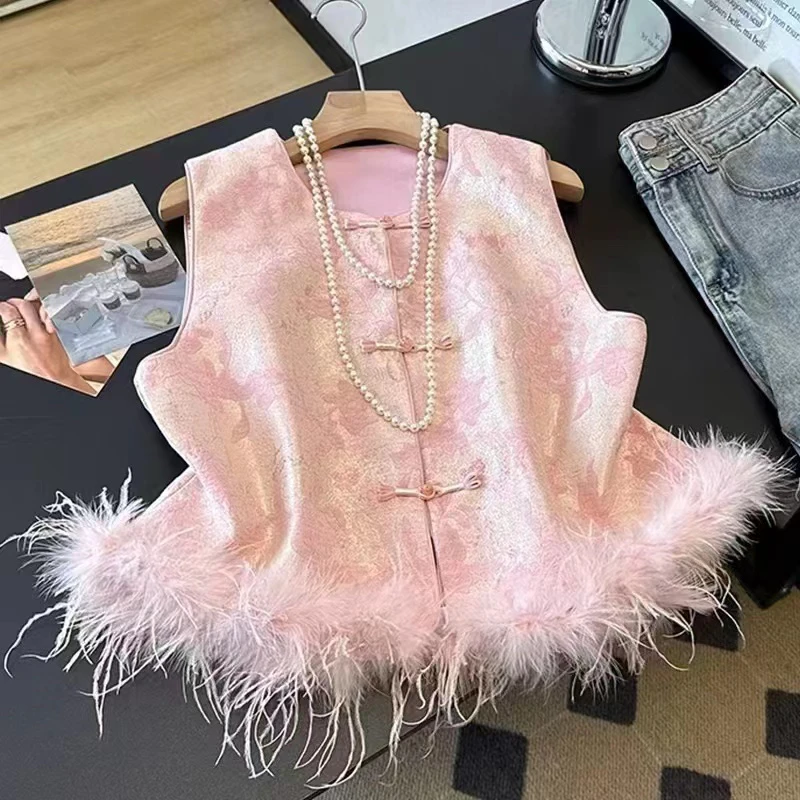 大码新中式国风夹棉粉色拼毛毛显瘦遮肉马甲5308