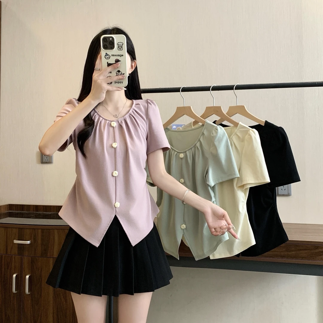 慵懒t恤女款夏装爆款2025新款胖mm大码上衣玫瑰花纽扣不规则短袖