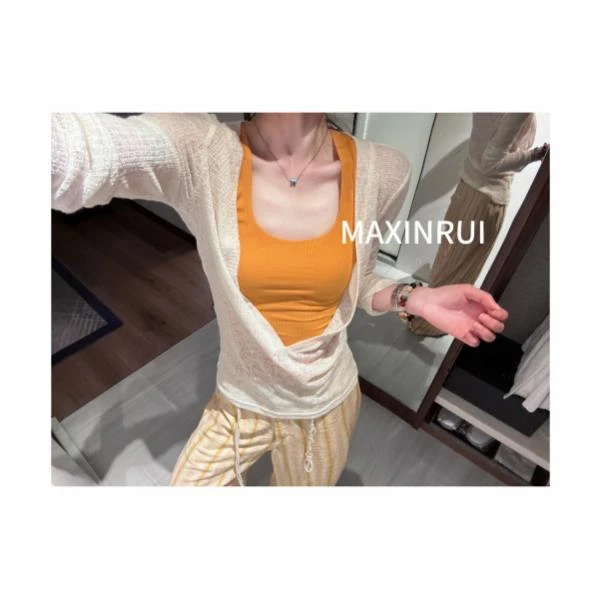 MAXINRUI 【叠穿】背心两件套夏季正肩长袖T恤透气罩衫RRD25171