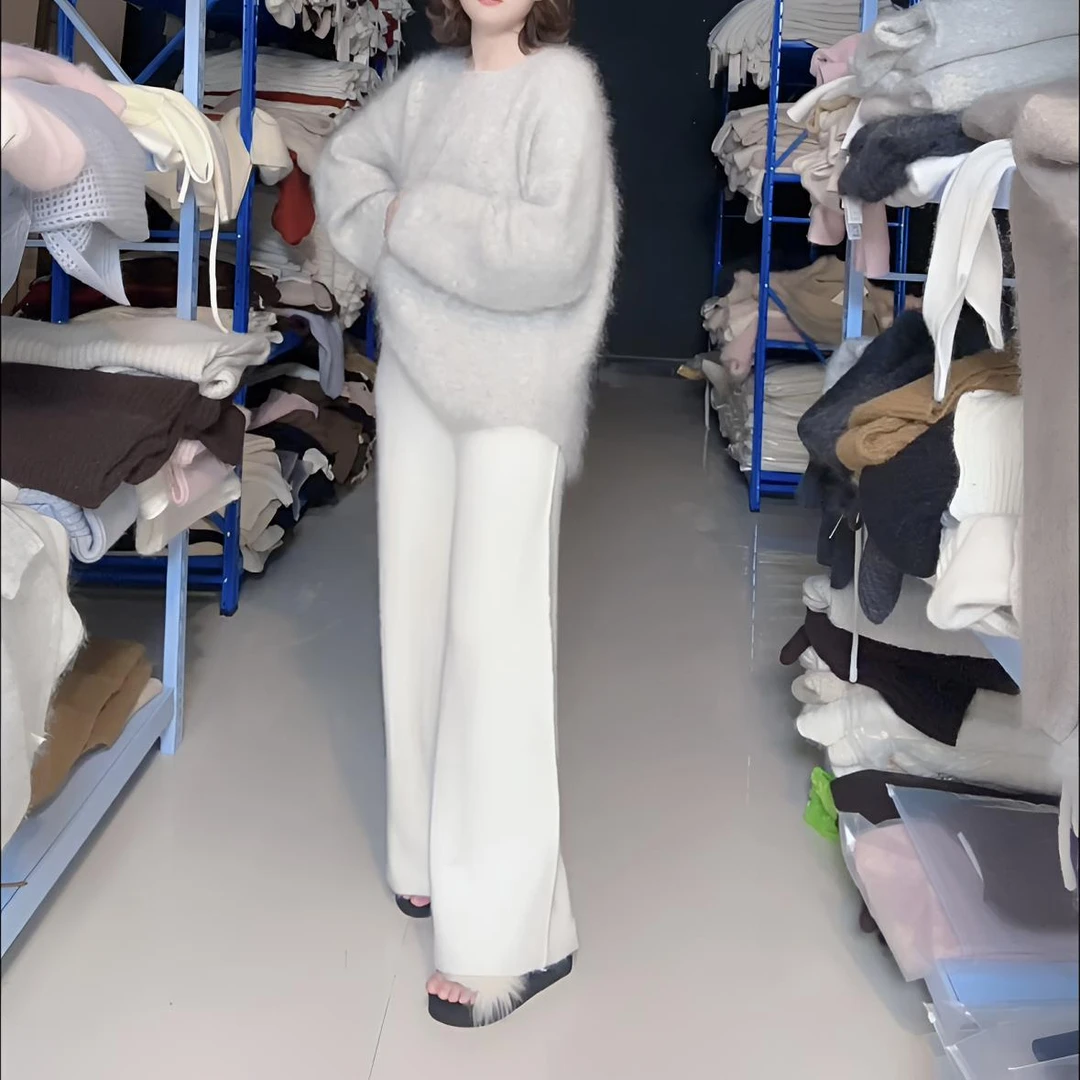 宽松拖地感高腰针织阔腿裤女宽松显瘦直筒休闲长裤秋冬女士