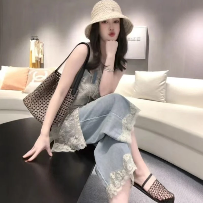 林间鹿隐25年新款春夏季轻奢欧若风设计师款拼接牛仔套装气质时尚