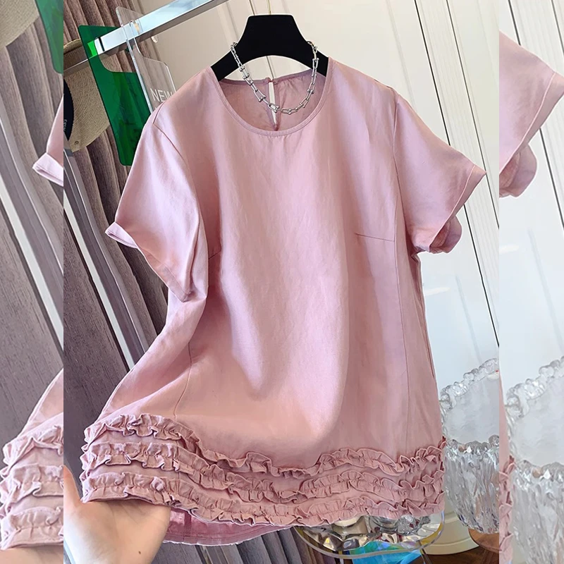 胖MM大码宽松设计感木耳领拼接短袖衬衫上衣女装夏季新款娃娃衫潮