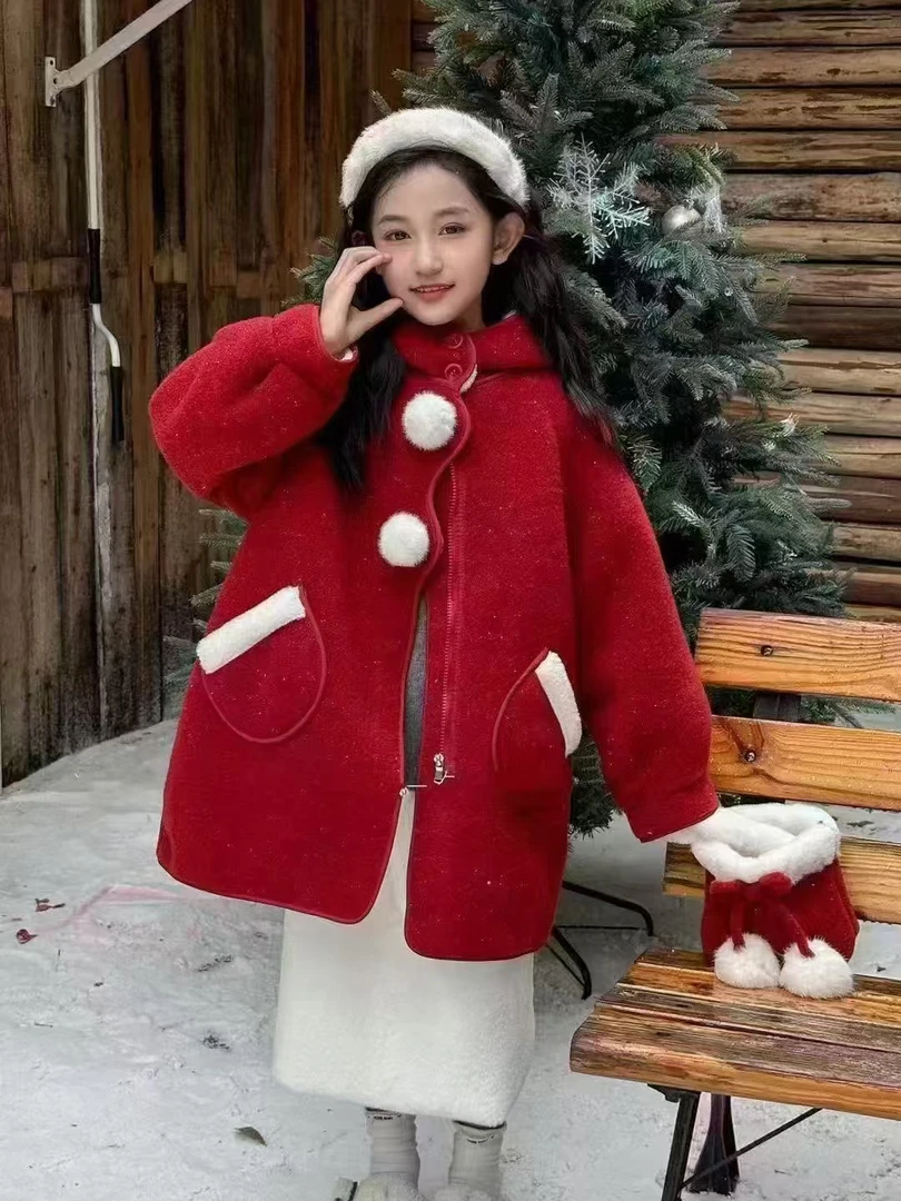 班吉鹿【送包包】女童洋气年装大衣中大童宽松拜年服连帽加绒外套