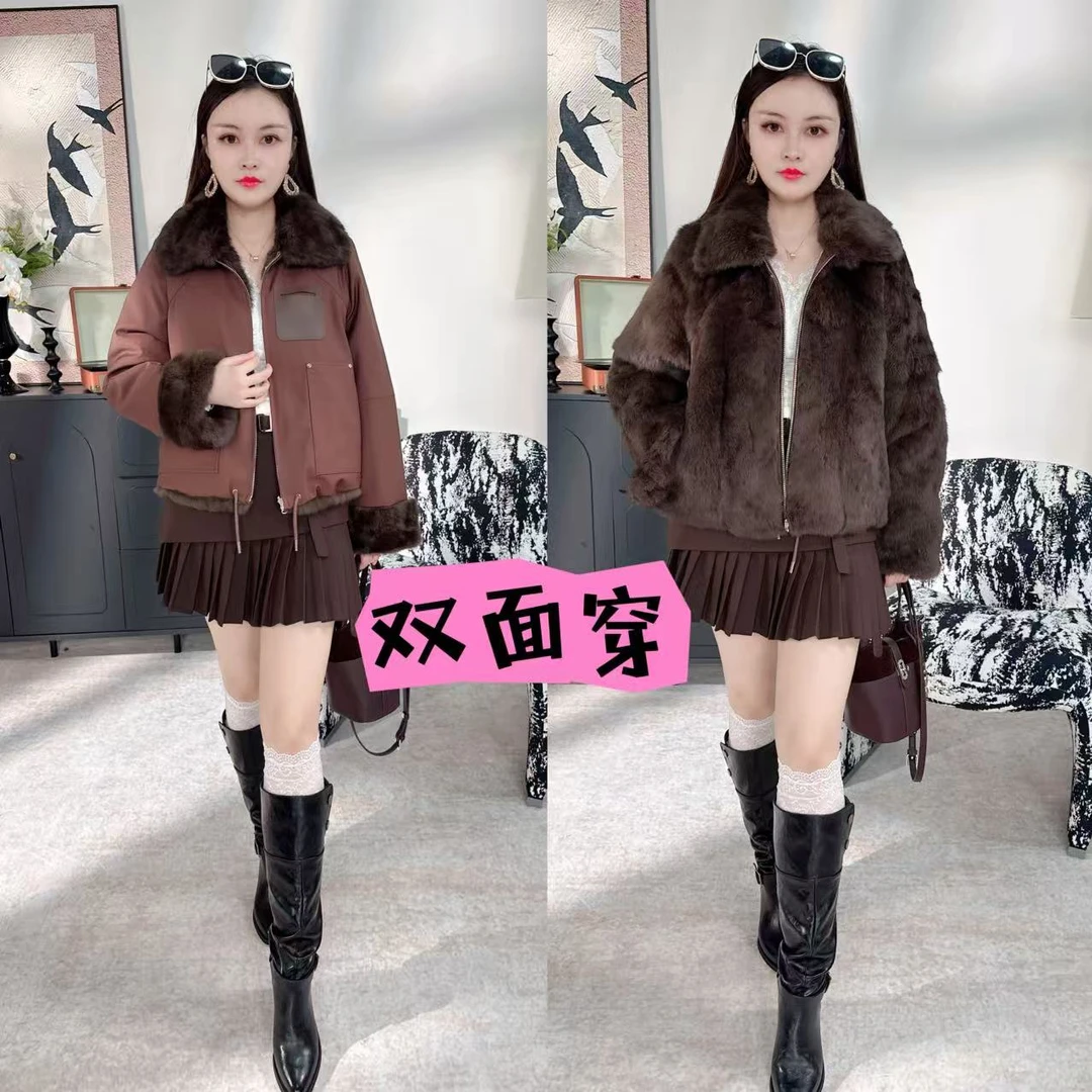 YinMi海宁皮草女两面穿兔皮毛一体5308