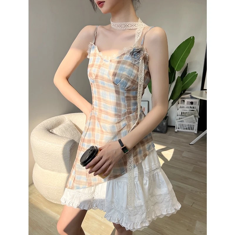 格子v领蕾丝拼接吊带背心女内搭夏季飘带减龄不规则外穿打底上衣