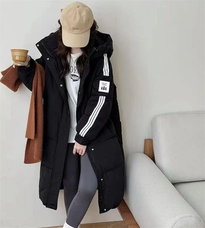 三条杠羽绒服中长款韩版收腰显瘦百搭连帽加厚保暖宽松冬季外套