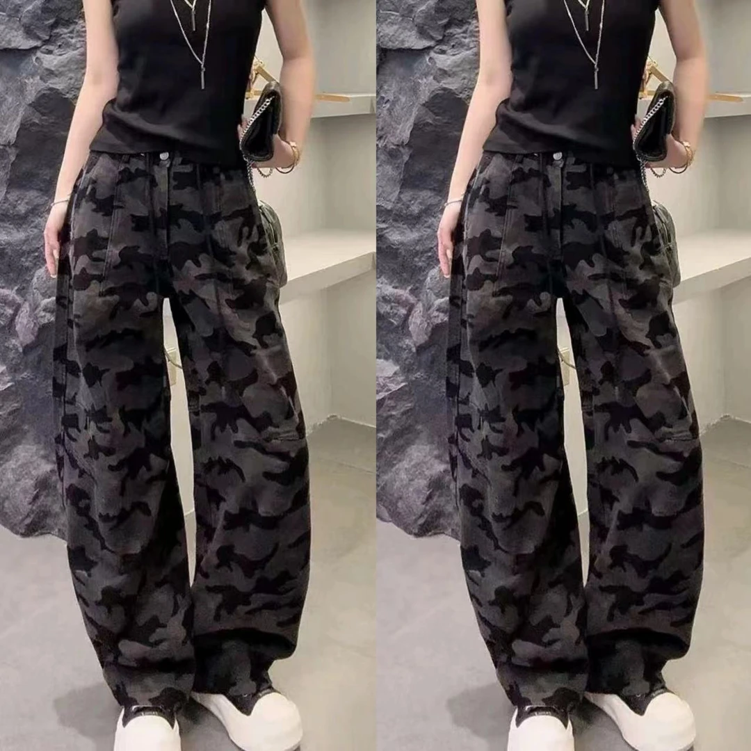 迷彩弯刀阔腿裤女欧货2025早秋新款甜酷风小众高腰显瘦拖地长裤子