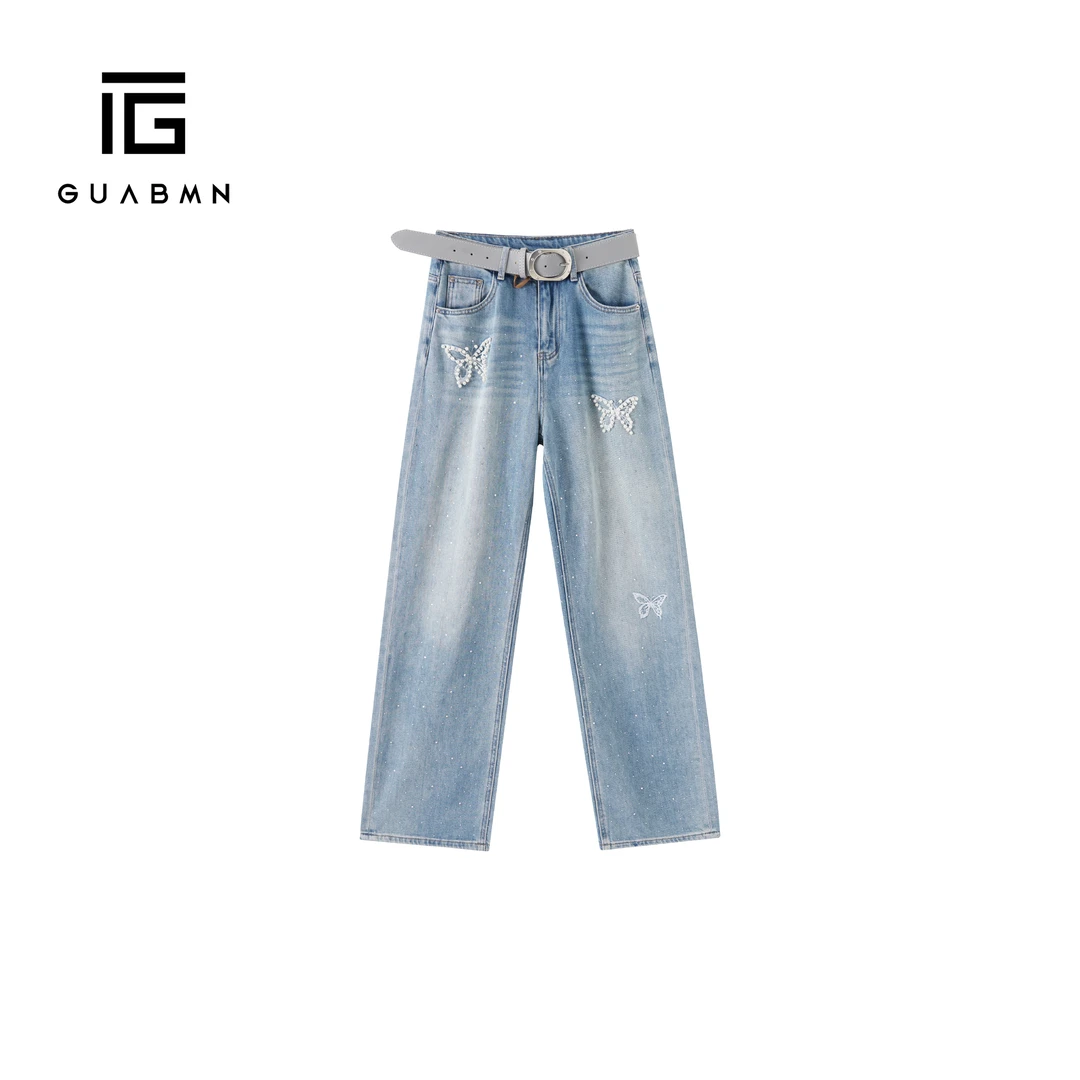 GUABMN2026春季新款蝴蝶刺绣烫钻高腰拖地直筒裤阔腿裤牛仔裤256