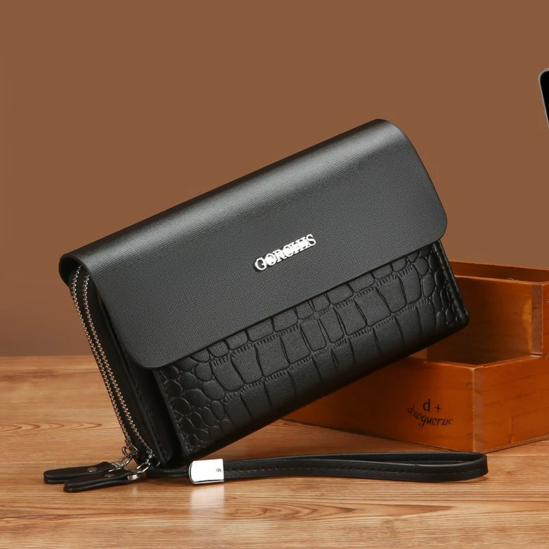 2025新款时尚复古男士手拿包商务双拉链手腕包夹包手机包手包钱包