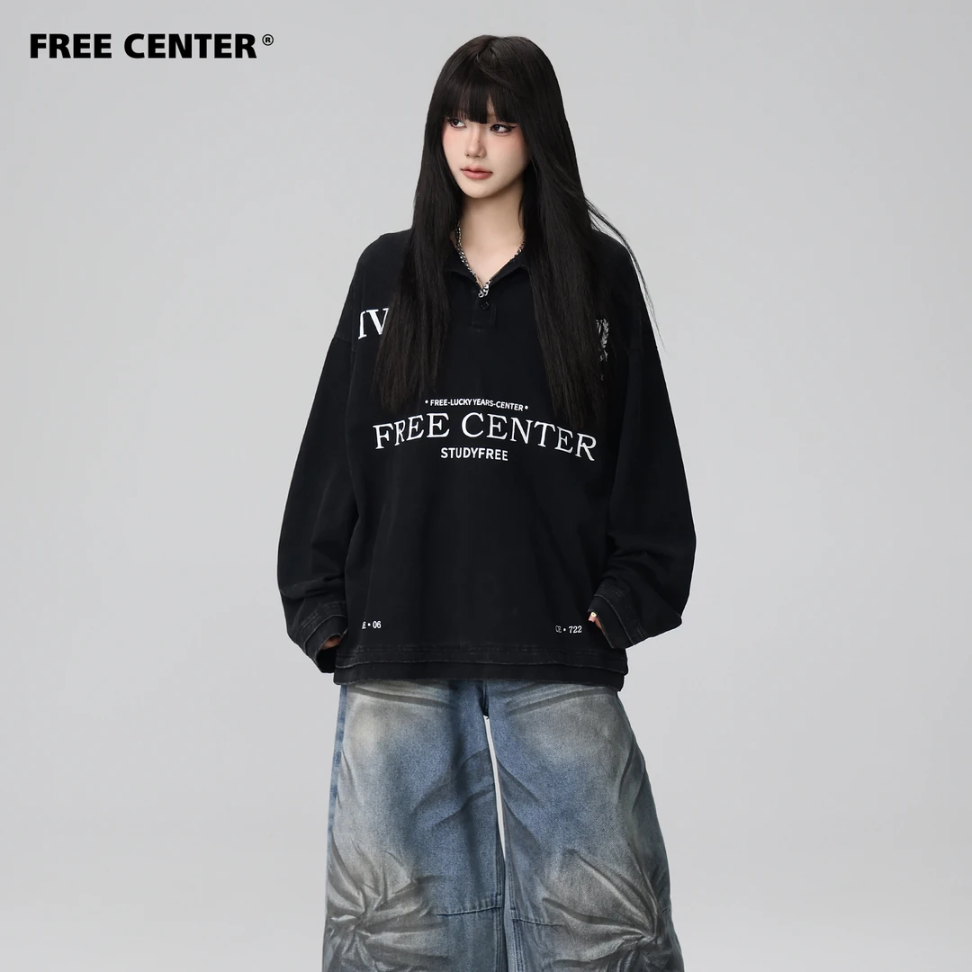 Free Center 美式复古做旧洗水POLO男女宽松百搭字母翻领长袖T恤