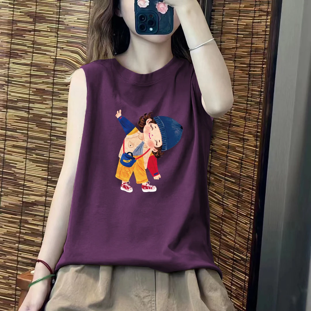 2025夏季休闲新款设计感纯棉圆领显瘦无袖上衣女韩版印花薄款背心