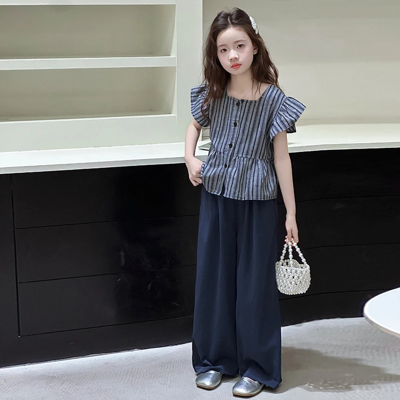 女童飞袖套装夏装2025新款大童洋气儿童条纹娃娃衫女孩休闲阔腿裤