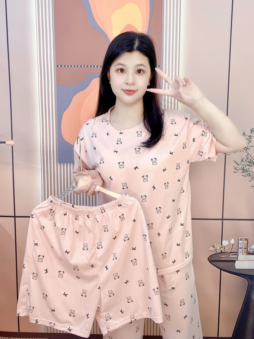 【拍一发三】夏季睡衣女短袖短裤长裤三件套带胸垫圆领卡通家居服
