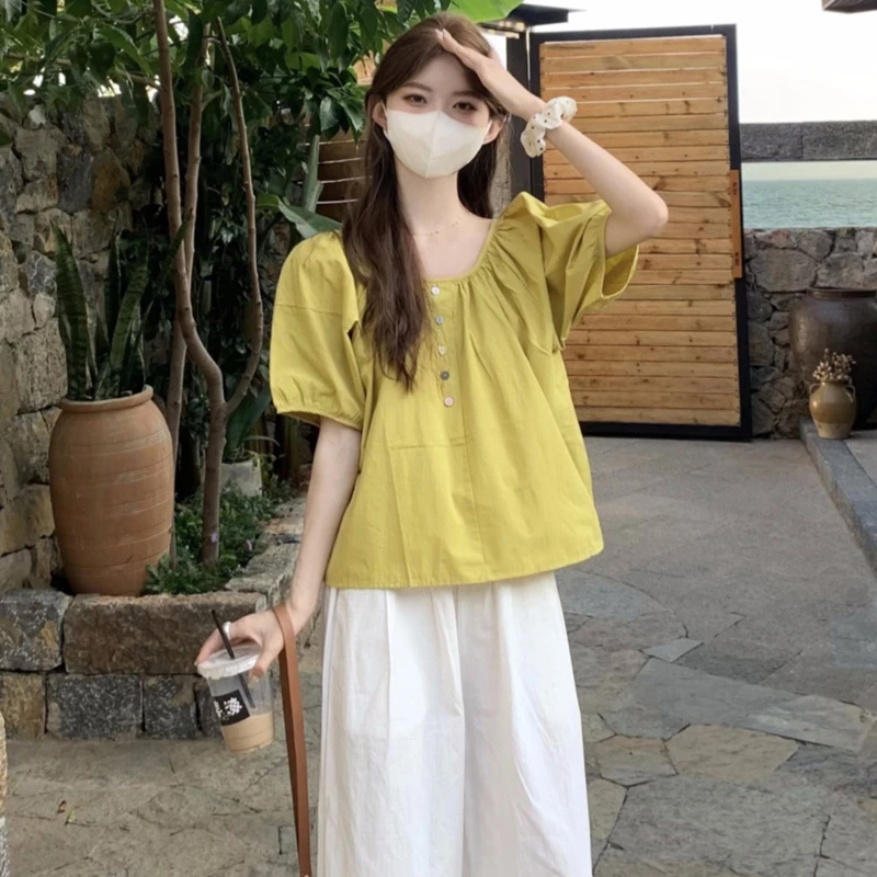 泡泡气质短袖衬衫女夏季新款法式时尚娃娃衫小个子欧若风短款上衣