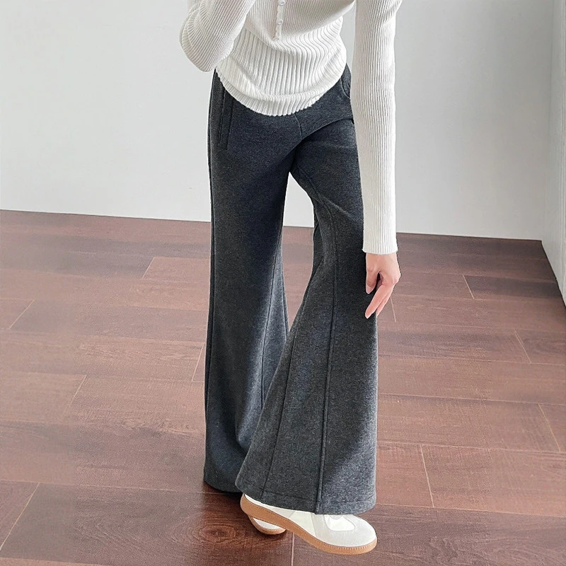 深灰色毛呢感加绒微喇休闲裤女大码高腰显瘦气质显高ins风喇叭裤