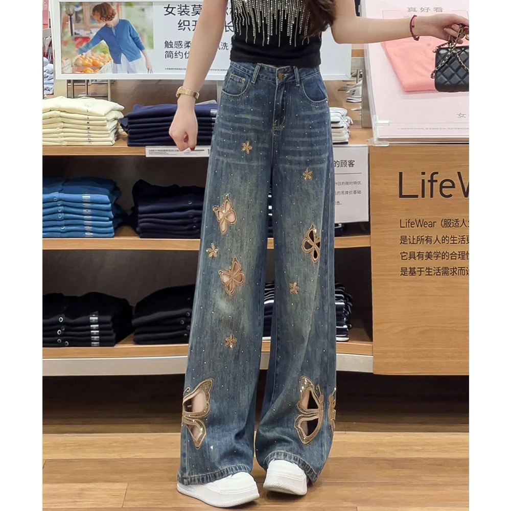 155夏季薄款牛仔裤女设计感镂空刺绣烫钻高腰显瘦窄版阔腿裤长裤