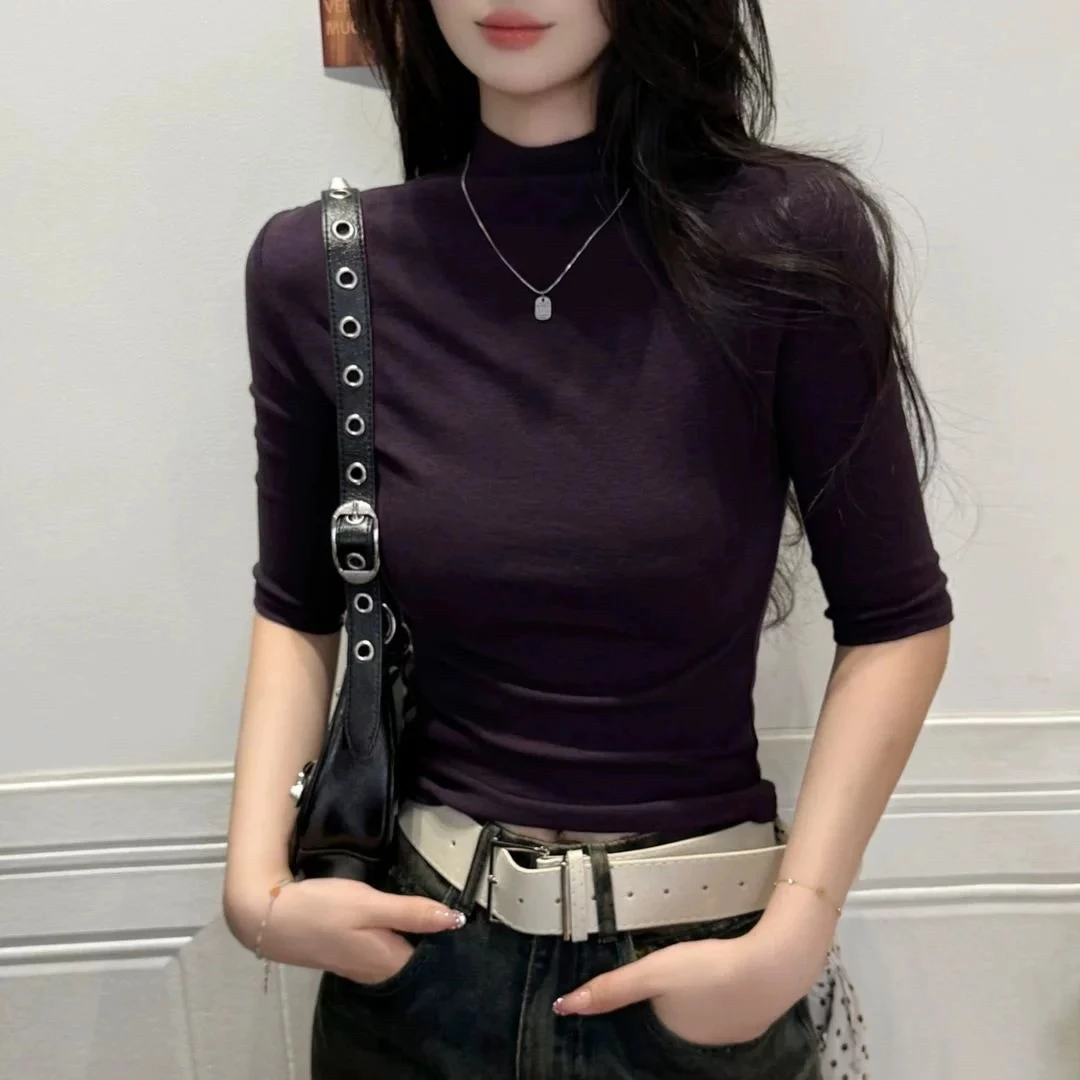 半高领显瘦中袖打底衫女T恤秋冬新款洋气内搭五分袖百搭上衣6027