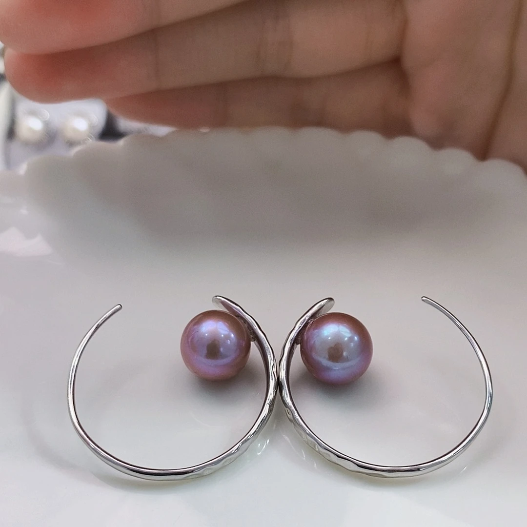 银S925镶嵌特价极光温柔紫耳圈淡水珍珠