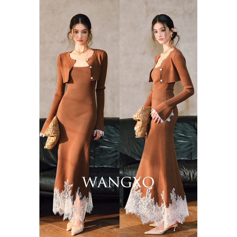 WANGXO 定制绣接蕾丝花边吊带长裙套装  2401687W