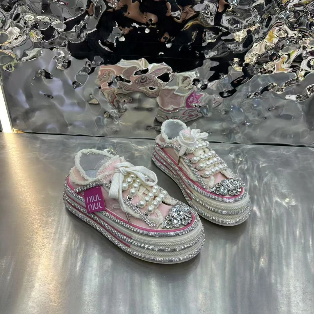 欧货ins超火重工水钻珍珠芭蕾风厚底松糕帆布鞋两穿休闲鞋板鞋女