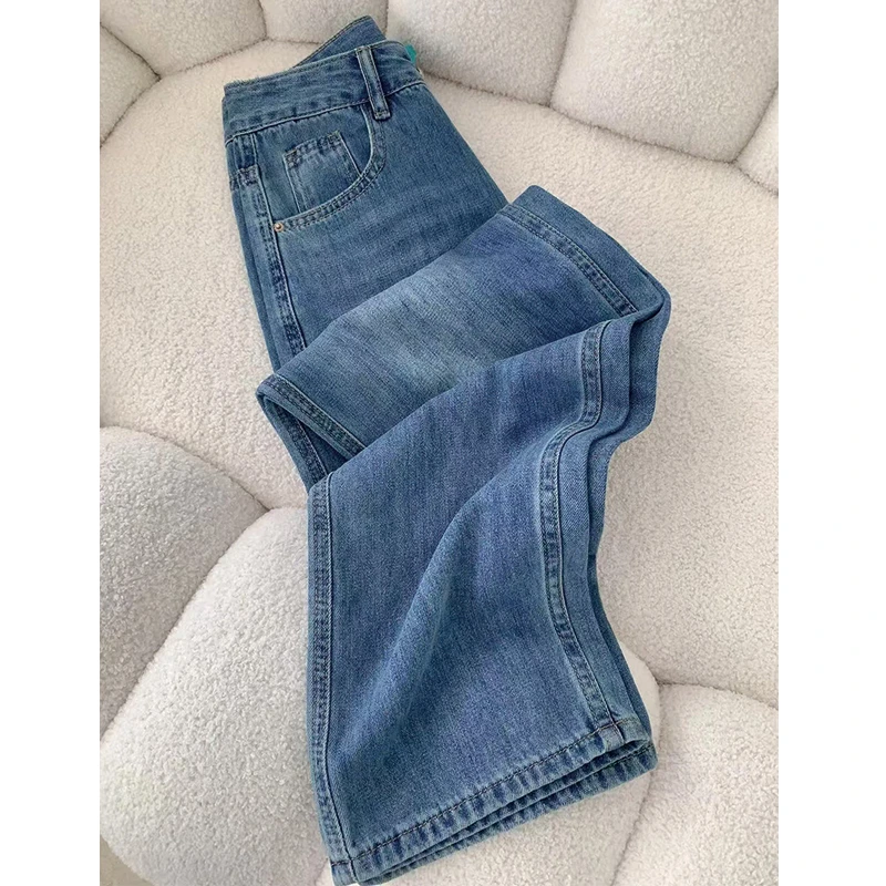 复古蓝宽松直筒牛仔裤女春秋新款高腰显瘦美式垂感百搭窄版阔腿裤