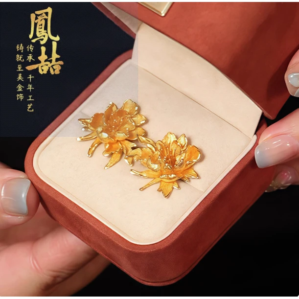 凤喆鳳喆古法錾刻精品工艺设计师款定制牡丹耳钉