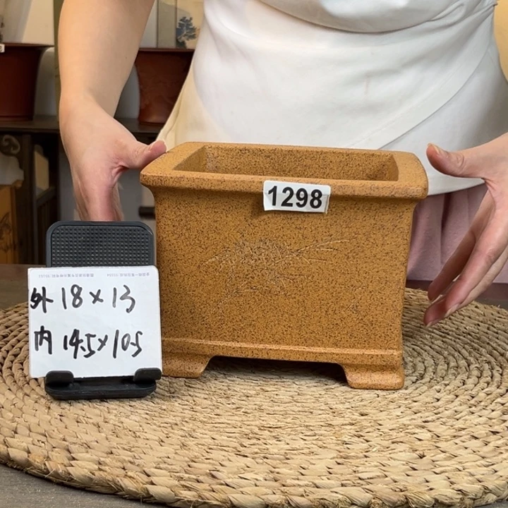花盆紫砂 放漏柴烧刻绘正四方1298