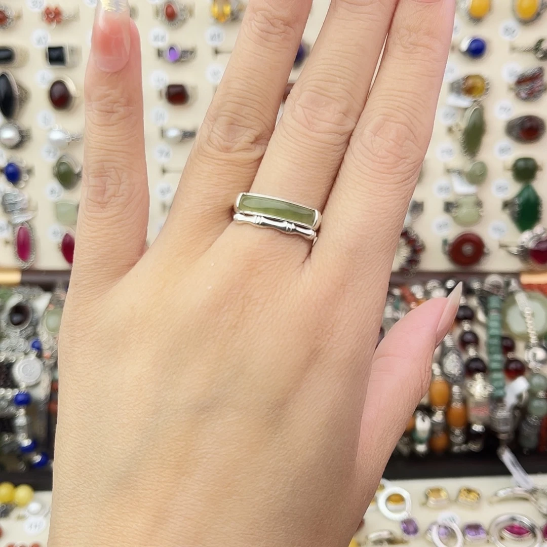 和田玉（糖玉）银S925镶嵌戒指