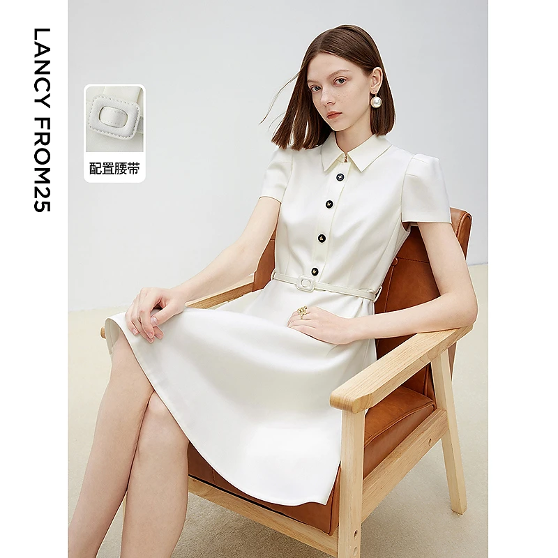 【粉丝专享】朗姿25年春季白色短袖翻领收腰连衣裙垫肩高级感气质裙