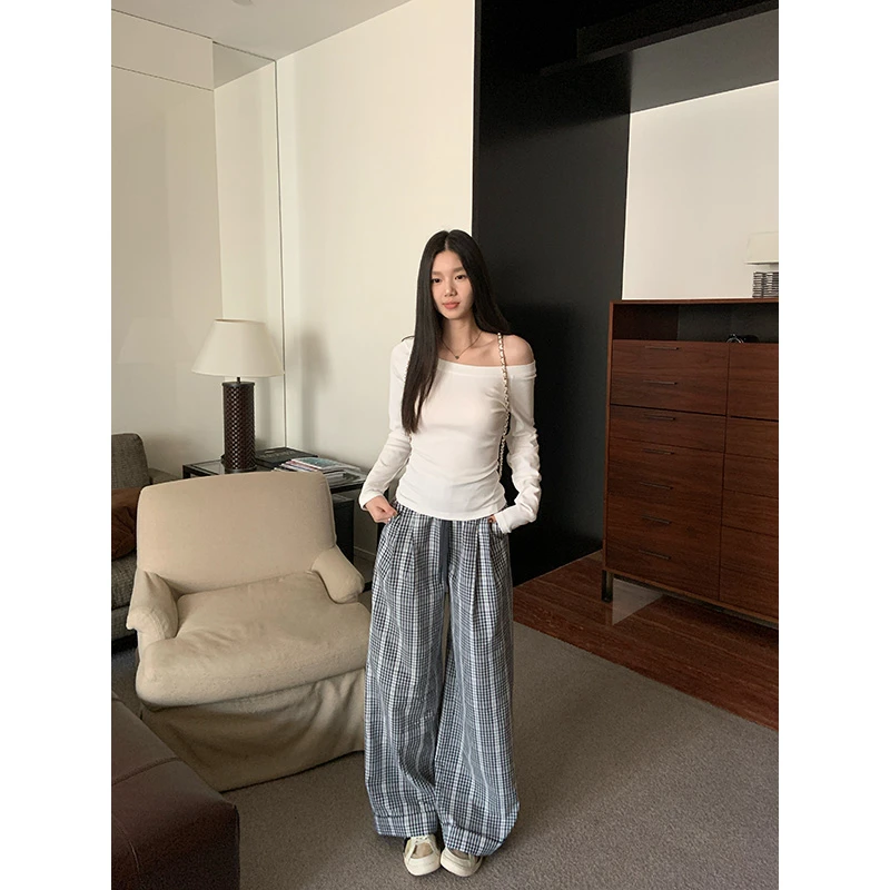 王少女的店 蓝色格纹直筒阔腿裤春夏显瘦设计感长裤 K30808S51