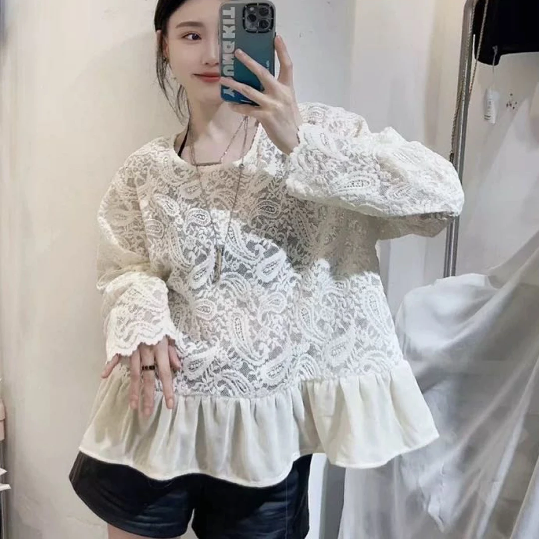 小迪家雪尼尔蕾丝打底衫新款早秋勾花镂空娃娃款长袖t恤25915