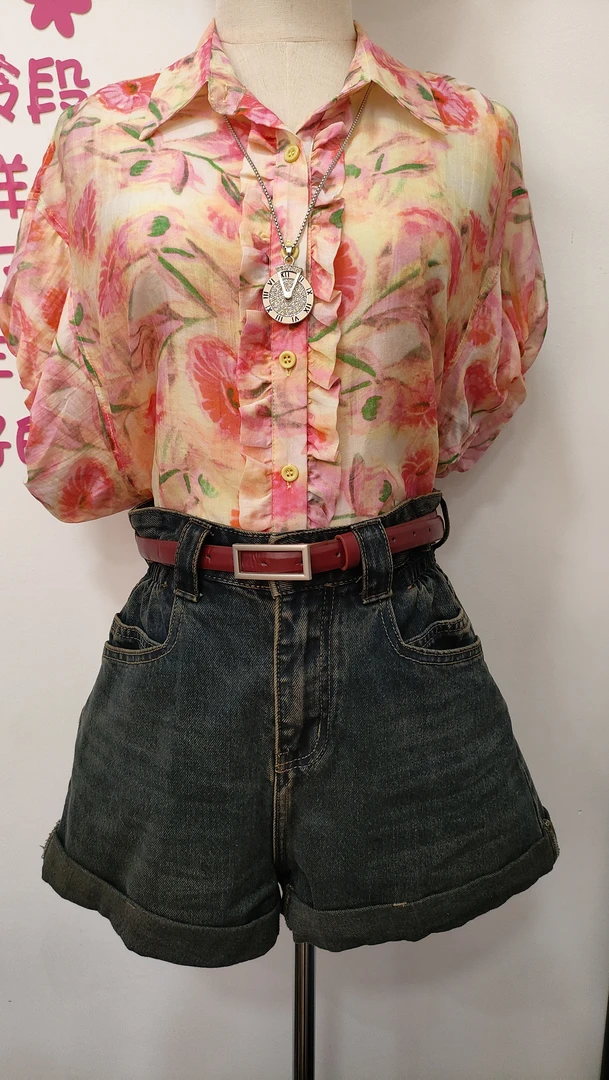 复古港风韩版简约通勤时尚夏季碎花上衣显瘦衬衫