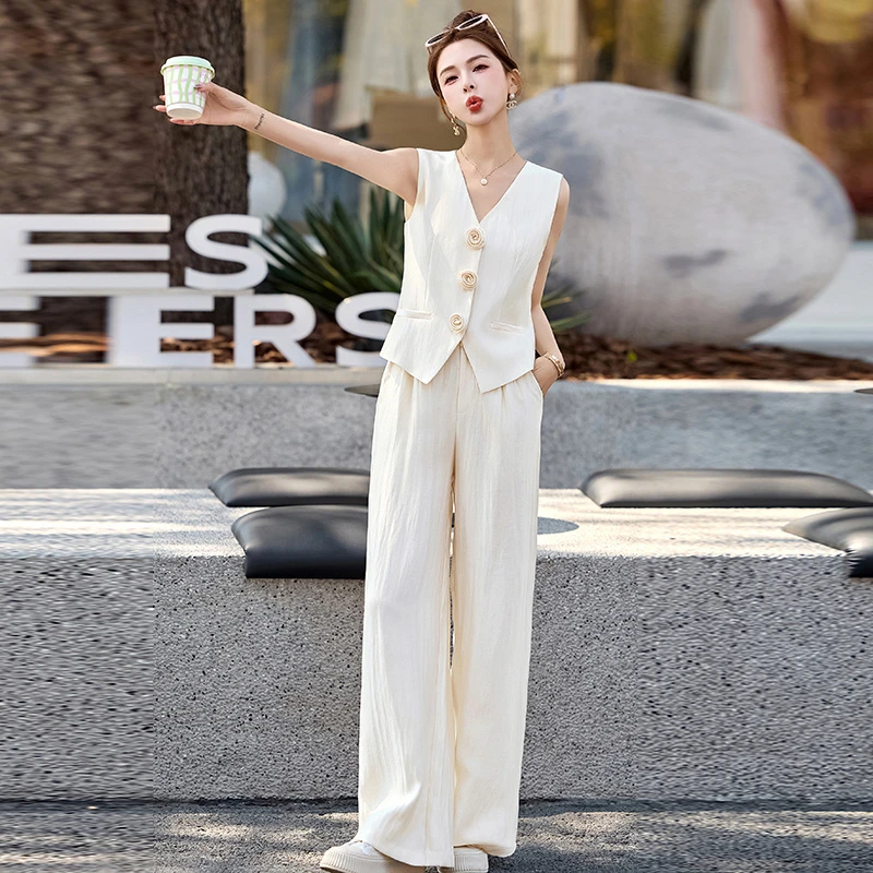 老钱风亚麻西装马甲套装女2025超火夏日流行穿搭气质阔腿裤两件套