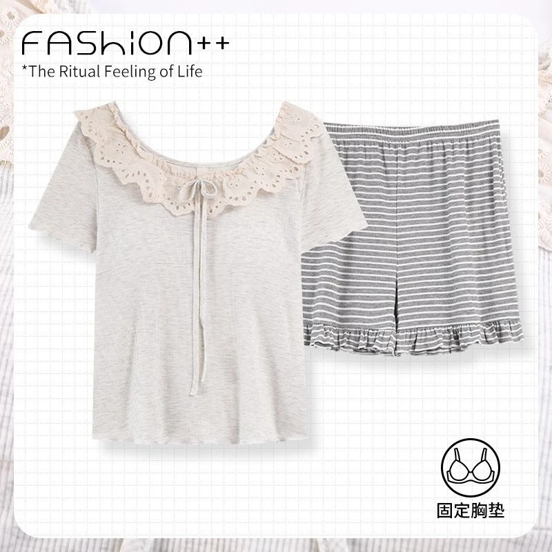 2025年薄款立体蝴蝶结三件套一体式家居服套装蕾丝睡衣休闲胸垫