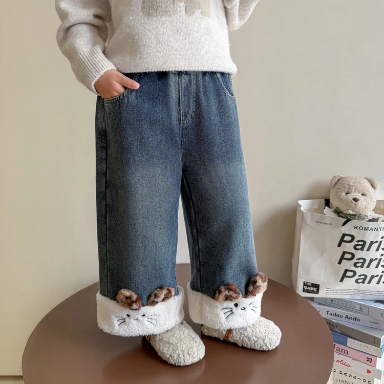 女童加绒裤子秋冬款2025新款儿童冬季一体绒牛仔裤宝宝直筒阔腿裤