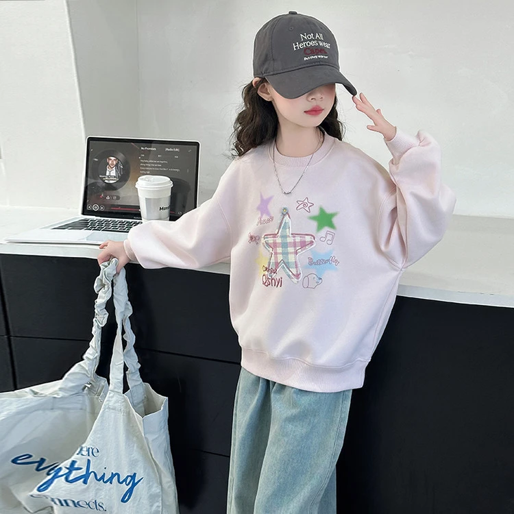 2025新款女童中大童星星洋气女卫衣双排扣春秋长袖套头衫休闲风ol
