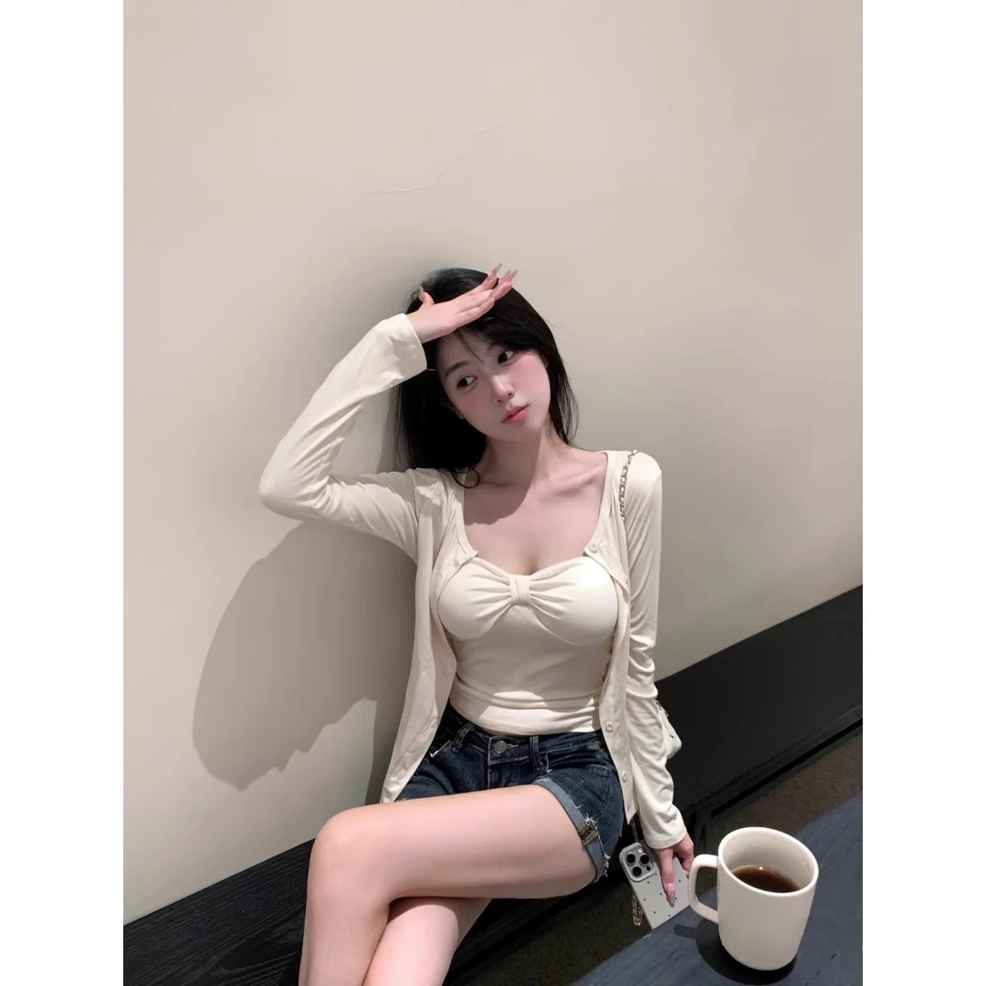 纯欲风套装外搭长袖开衫小外套女秋季内搭扭结吊带背心打底两件套