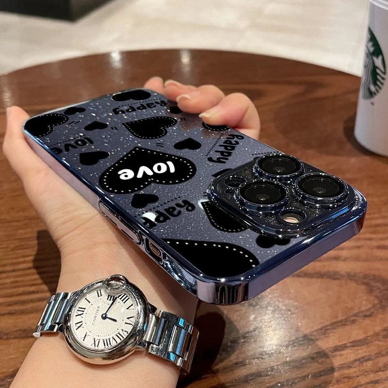 适用于苹果16手机壳iPhone15镜头膜14黑色爱心13闪粉12promax个性