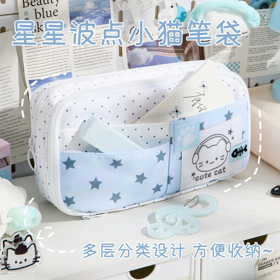 波点小猫日系笔袋ins女生2025新款文具盒高颜值大容量小众铅笔盒