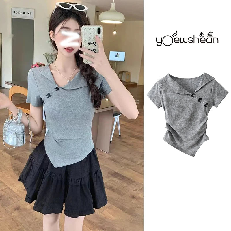 yoewshean/羽媗 夏季微胖mm大码女装t恤设计感翻领短袖上衣百搭