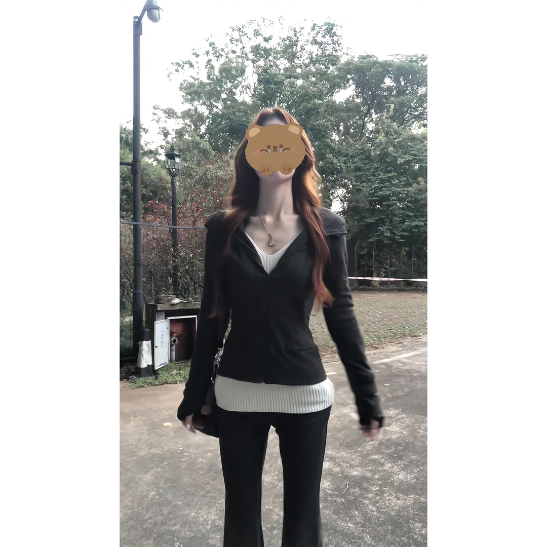 休闲运动风连帽卫衣女秋季修身显瘦拉链外套高腰微喇叭长裤两件套