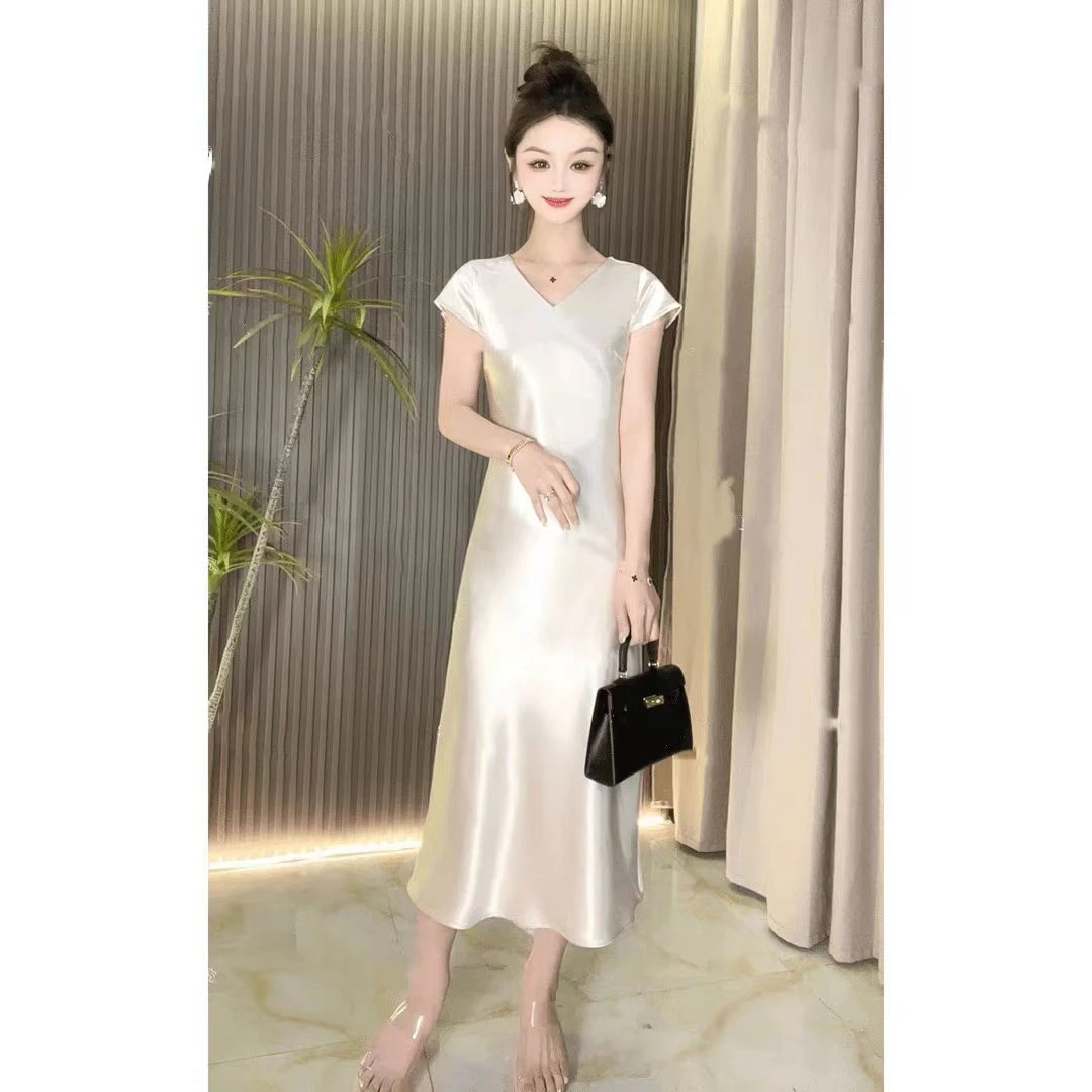 【小飞袖连衣裙】醋酸缎面鱼尾裙45度斜裁夏季百搭显瘦高级感长裙