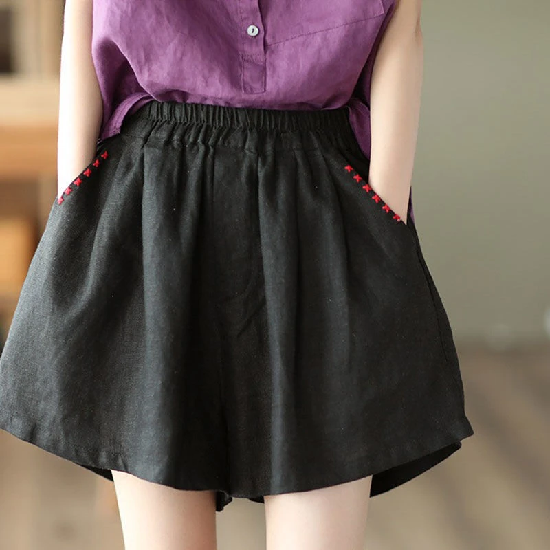 短裤女夏季新款文艺刺绣复古民族风松紧腰宽松百搭阔腿裤子女