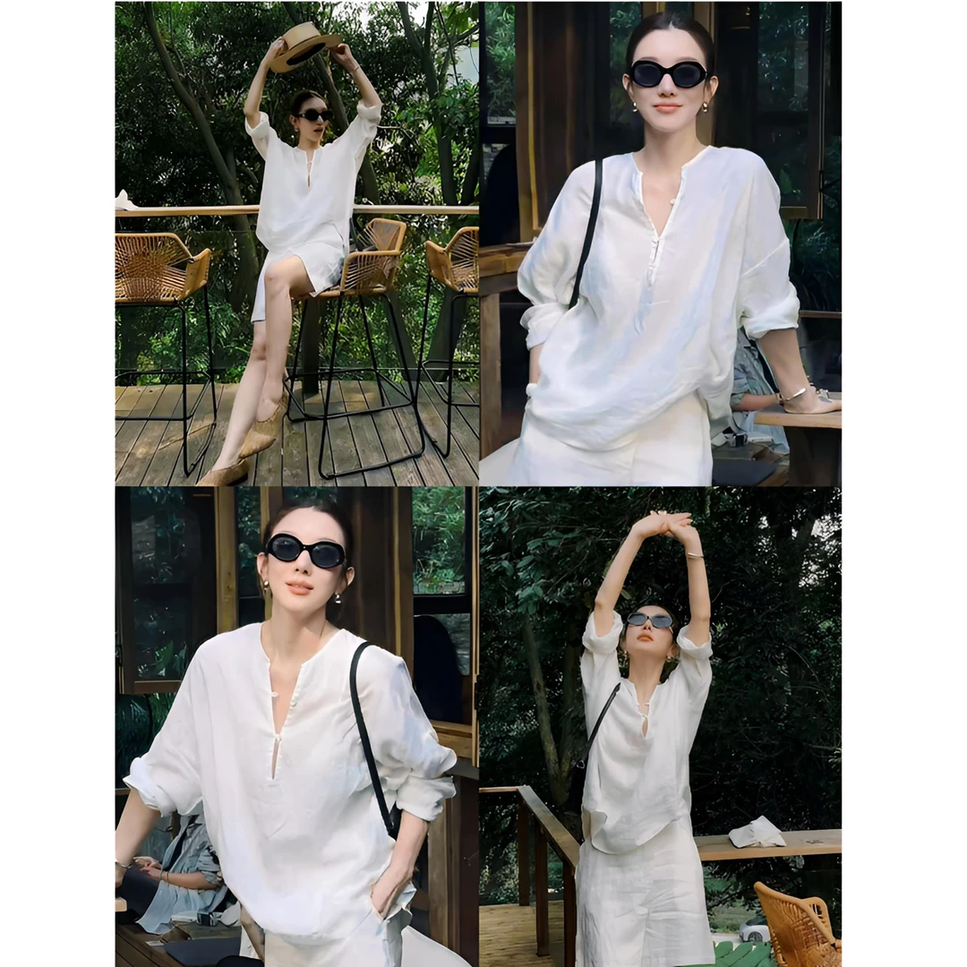 （莎拉）老钱风白色套装亚麻秋休闲慵懒松弛防晒衬衫阔腿裤T2221