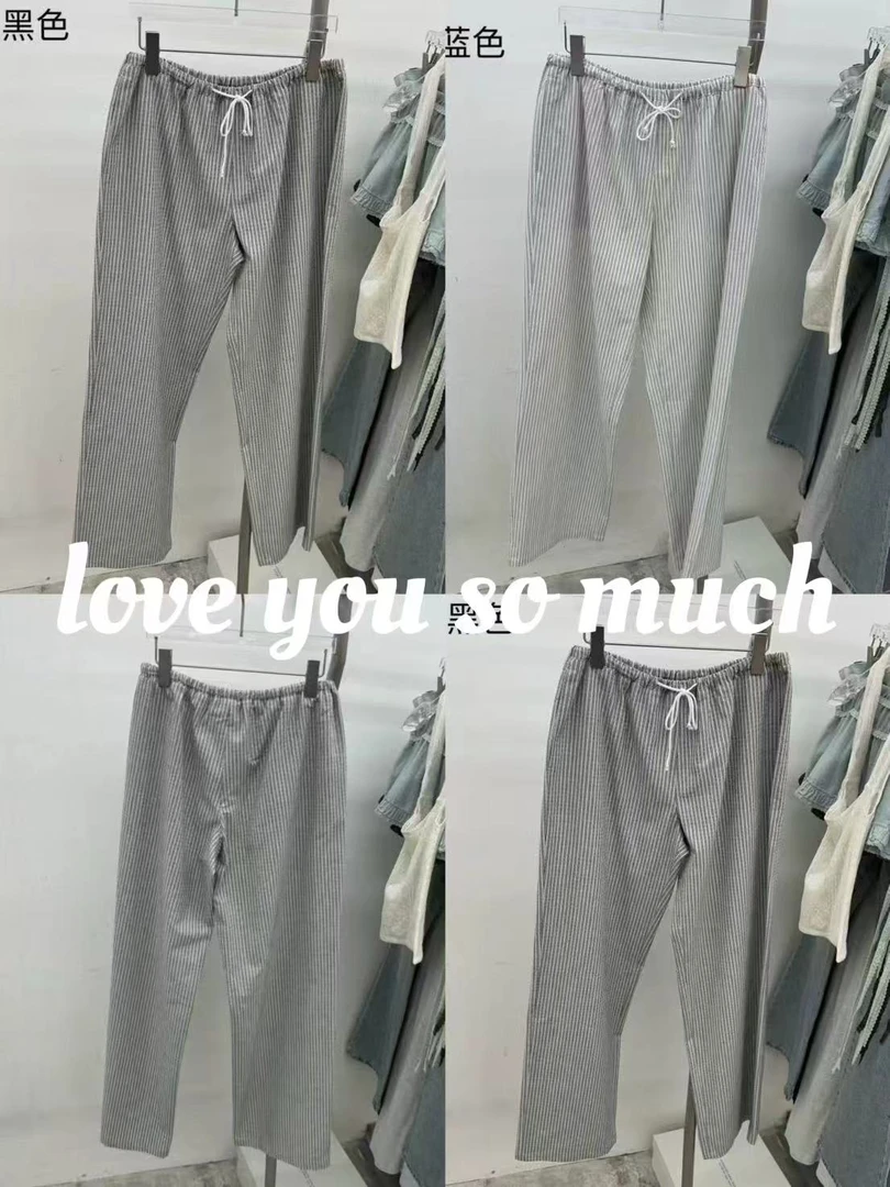 韩国东大门 正品棉麻抽绳条纹裤