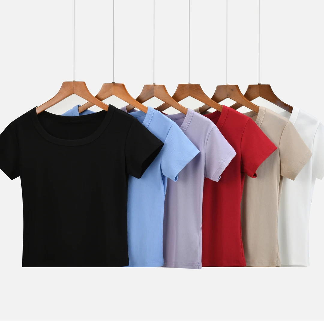 圆领防静电短袖短款染色U型领T恤针织辣妹风休闲风常规款