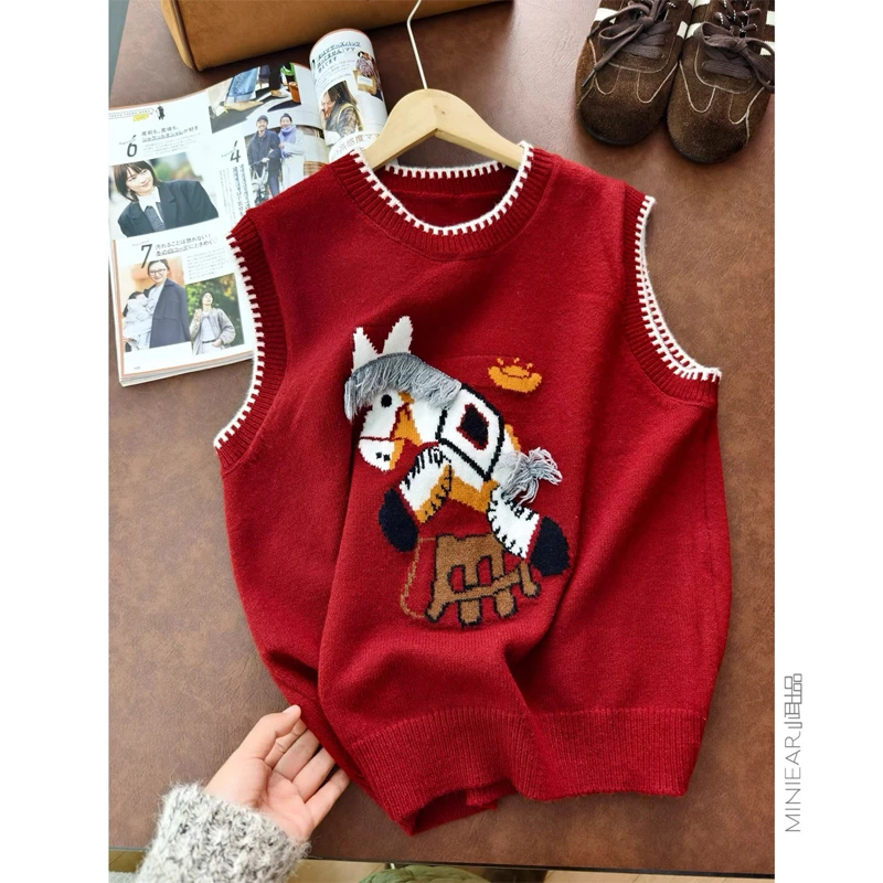 【衣朵设计】时尚撞色圆领发财马针织马甲女2025新款上衣潮